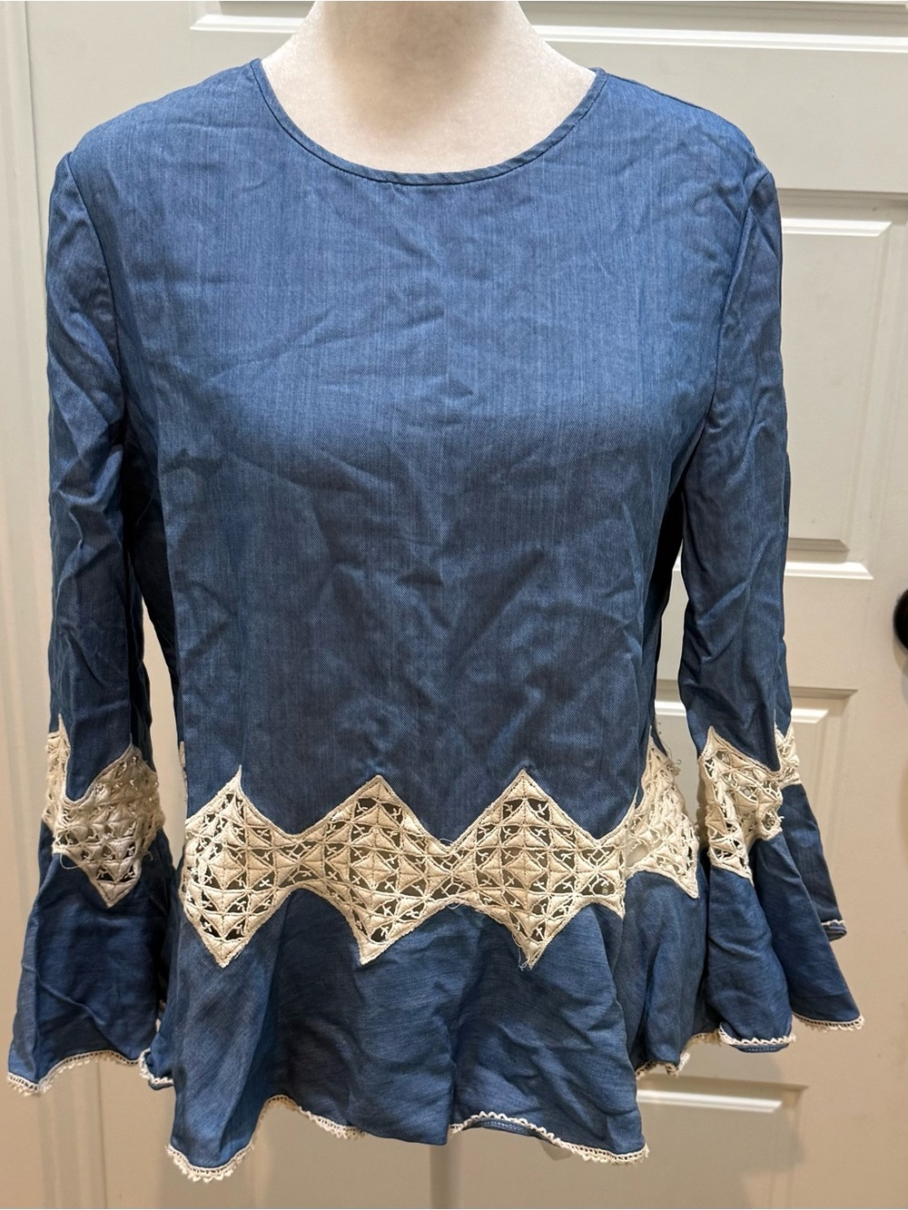 Jonathan Simkhai. Lace Inset Trumpet Sleeve Chambray Tencel Blouse. Size Medium.